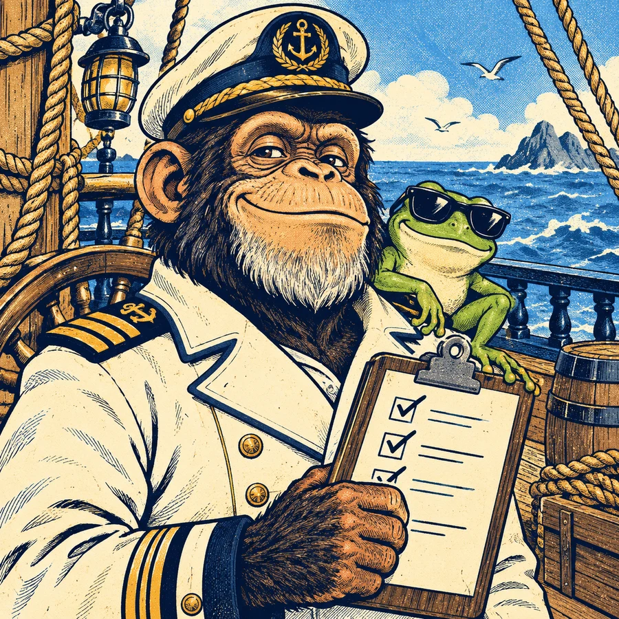 The unbothered chimp captain taking attendance while a sunglasses-wearing frog sits on his shoulder