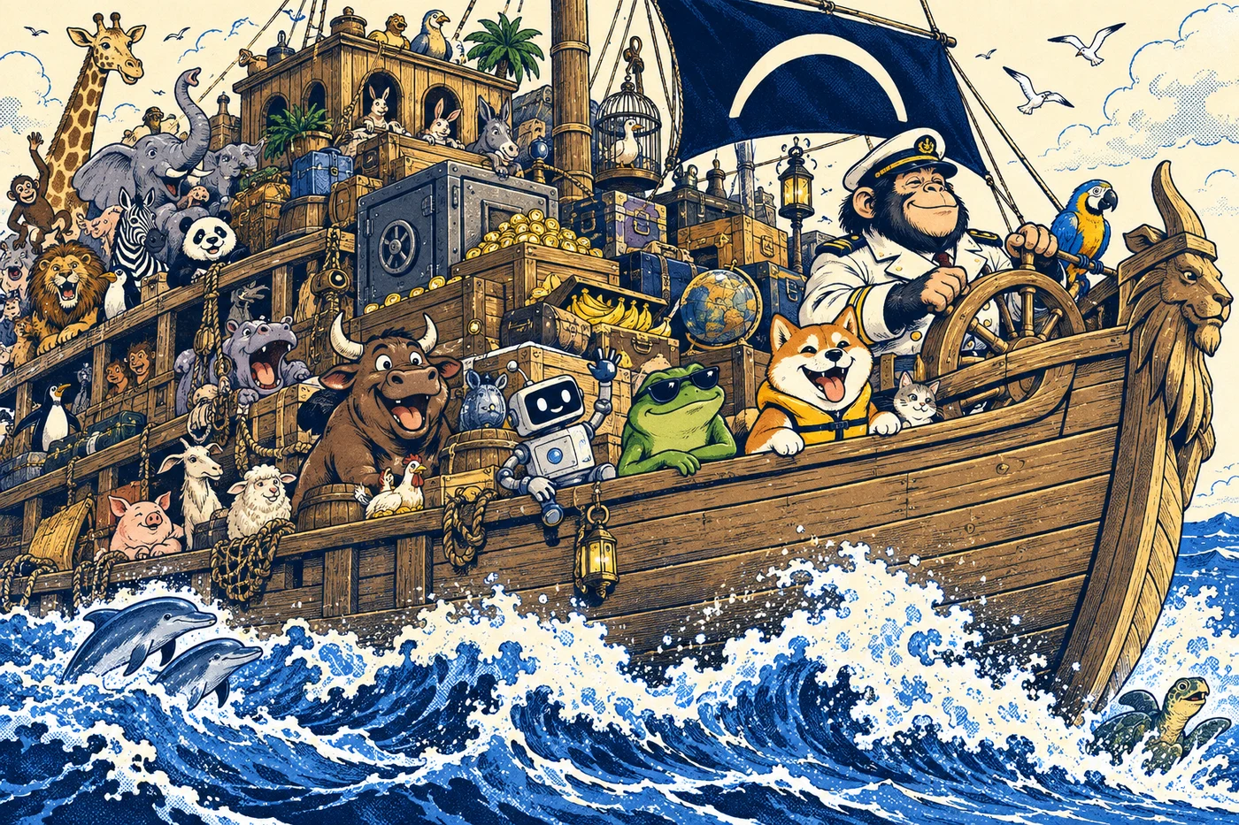 A wildly overcrowded wooden Arc carrying a chimp captain, a frog, a shiba, a bull, and their ridiculous cargo across the sea